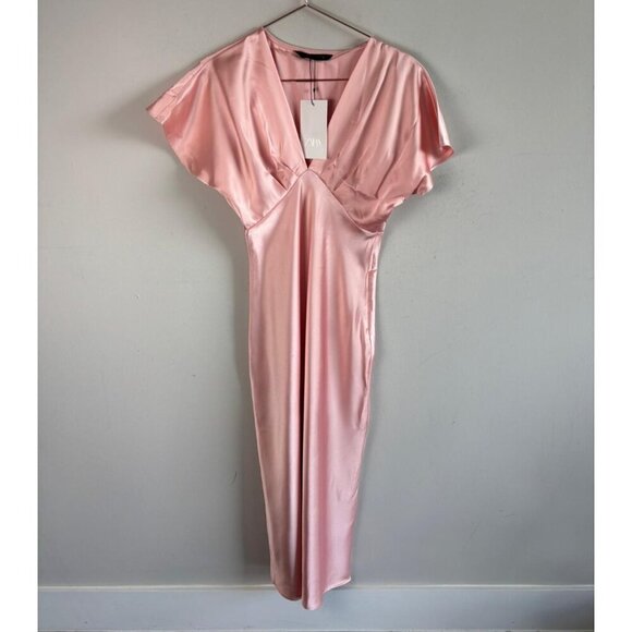 ZARA Womens Pink Satin Midi Dress Flutter Sleeve V-Neck Bloggers Favorite Size S - Picture 3 of 12